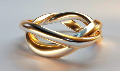 Abstract chrome metal golden ring. Wavy liquid metal shape rotating around empty space