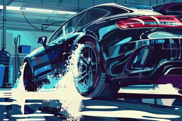 Realistic painting of a car in a garage, ideal for automotive enthusiasts