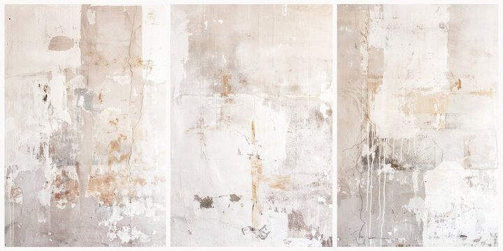 Three vertical painting collage, abstract background, modern, minimalist painting consisting of brush strokes beige and earth colors, background design for wall decoration, poster, card.