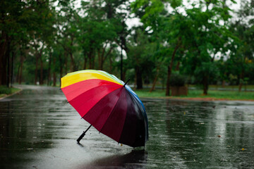 A rainbow umbrella is open in the rain. The umbrella is colorful and has a rainbow pattern. The rain is falling, and the umbrella is protecting the person underneath it. The scene is peaceful