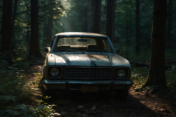 A wrecked car lies abandoned in the middle of a deep Forest