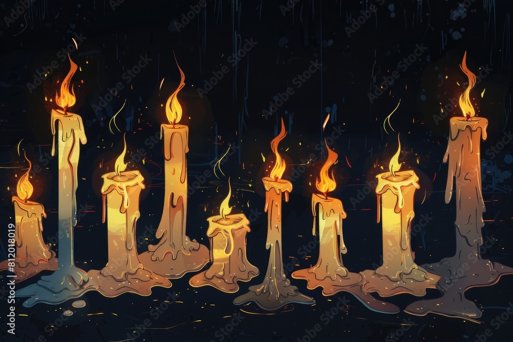 Poster A group of burning candles sitting on top of a table. Perfect for adding warmth and ambiance to any setting