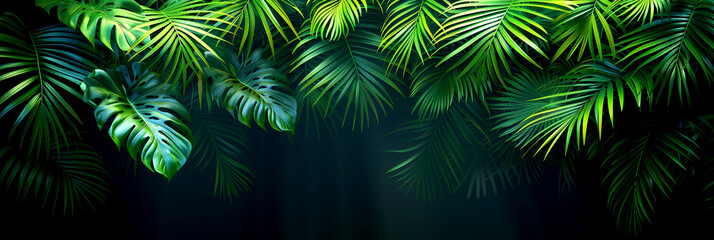 Tropical palm tree leaves adorn a dark background in a lush forest setting