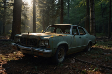 A wrecked car lies abandoned in the middle of a deep Forest