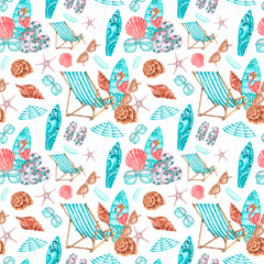 Sea vacation watercolor seamless pattern. Travel, beach. Surfboard, sun lounger, beach umbrella, shell, starfish, sunglasses, flip-flops. White background. For printing on packaging, fabric, textiles