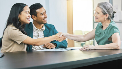 Couple, financial advisor and handshake with documents for meeting, insurance and people for...