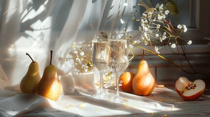 Bright still life with pears, glasses, flowers in beautiful sunlight, unique arrangement of objects