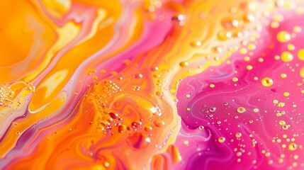 Detailed close-up of a vibrant mixture of pink, orange, and yellow liquid creating an abstract and...