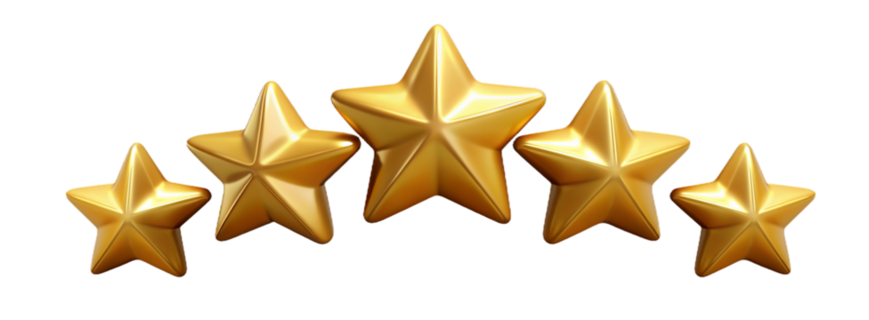 Five golden stars rate isolated on white transparent background
