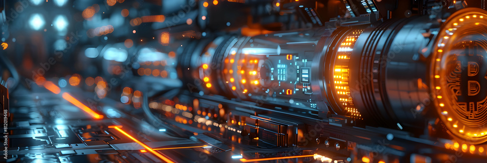 Poster high tech crypto miners at work: operating sophisticated mining rigs to validate blockchain transact