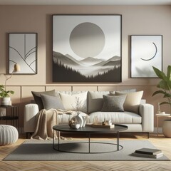A living room with a template mockup poster empty white and with a couch and a coffee table image realistic photo card design.
