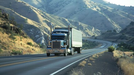 A tractor-trailer truck hauling cargo on a highway. 