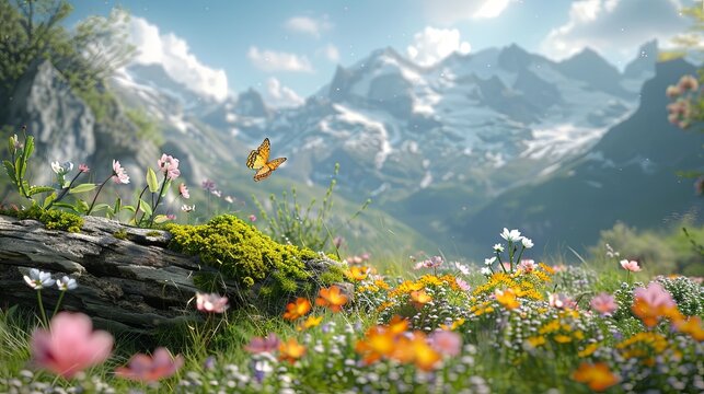 Valley, Mossy Log, Wildflowers, and Butterfly