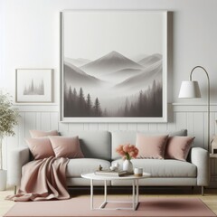 A living room with a template mockup poster empty white and with a couch and a painting image harmony card design.
