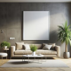 A living room with a template mockup poster empty white and with a couch and a table and a picture frame image art lively.