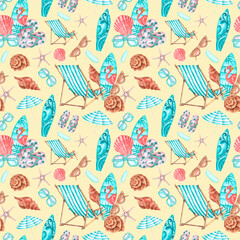 Marine holiday watercolor seamless pattern. Sea, travel, vacation. Surfboard, sun lounger, beach umbrella, shell, starfish, sunglasses, flip-flops. Sand background. For printing on packaging, fabric