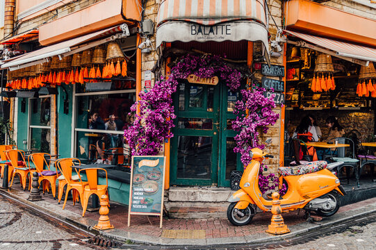 Istanbul, Turkey. 28 april 2024. An historic and architecturally interesting entrance to the Balatte cafe and restaurant in Balat, Fatih district of Istanbul, rainy day