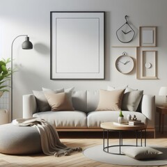 A living room with a template mockup poster empty white and with a couch and a round table image realistic harmony has illustrative meaning.
