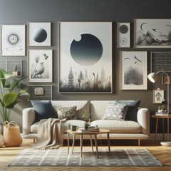 A living room with a template mockup poster empty white and with a couch and art on the wall photos art has illustrative meaning.