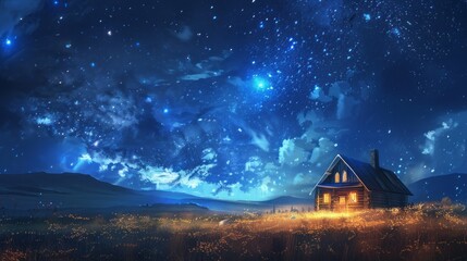 Fantasy Cabin Under Starry Sky. concept art