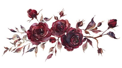 A captivating floral illustration featuring watercolor burgundy flowers delicate leaves and buds creating a botanical composition perfect for weddings or greeting cards This artistic piece 