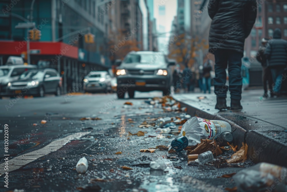 Poster person walking down a street next to a puddle of water. suitable for urban and weather-related conce