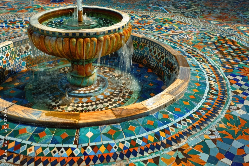 Poster A fountain with a fountain head on top of a tiled floor. Suitable for architectural and landscaping projects
