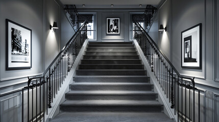 Modern luxury foyer with ash gray carpeted stairs framed by a minimalist iron railing and a high-contrast black and white photo gallery Spotlights focus on the artwork
