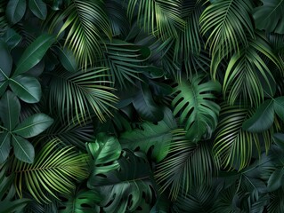 Green tropical leaves and palm tree leaves background 