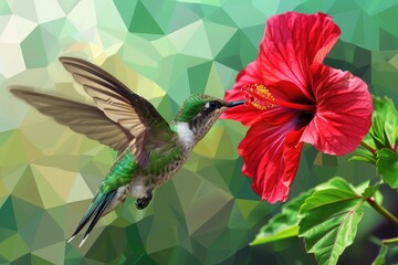 Fototapeta premium A beautiful hummingbird is seen feeding from a vibrant red flower. Perfect for nature and wildlife-themed designs