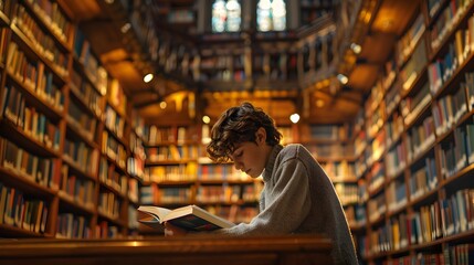 Fototapeta premium Intently Immersed in the Warmth and Tranquility of a Cozy Library Surrounded by Towering Bookshelves