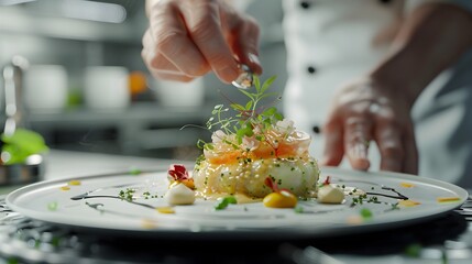Artful Plating of Gourmet Dish with Cinematic Lighting and Muted Color Palette Evoking Culinary Excellence