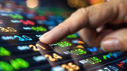 Close-up of a person's hand clicking on a buy or sell button on a trading platform