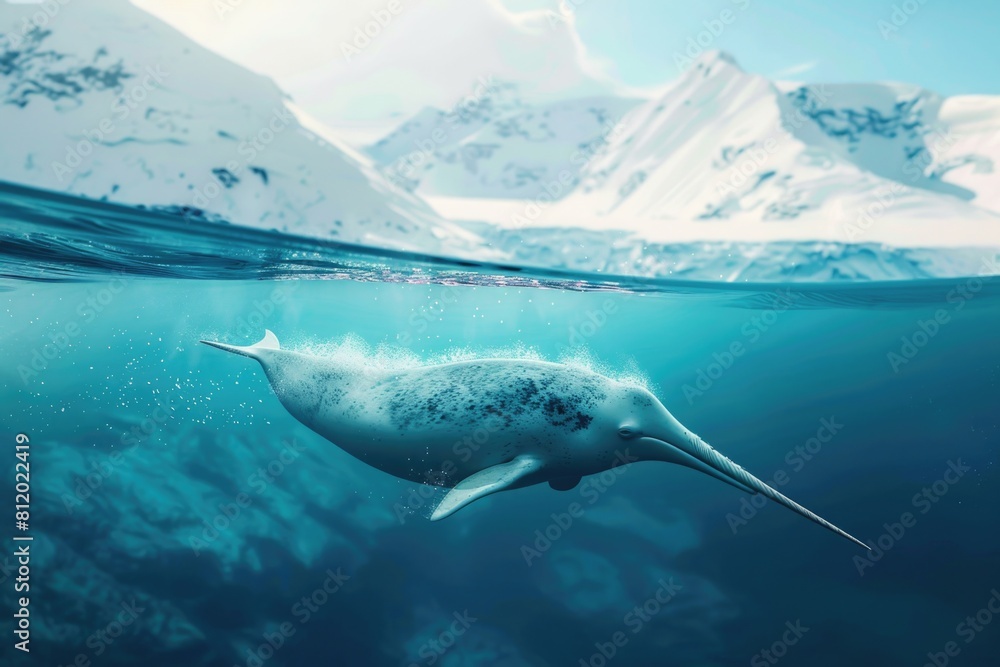 Poster a narwhal swimming in the ocean with majestic mountains in the background. suitable for nature and w