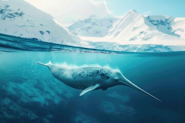 A narwhal swimming in the ocean with majestic mountains in the background. Suitable for nature and wildlife themes