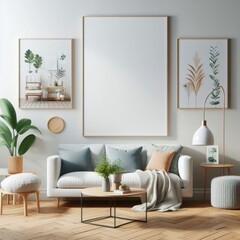 A living room with a template mockup poster empty white and with a couch and pictures on the wall image art realistic photo.