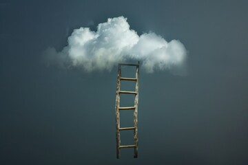 A ladder leaning against a fluffy white cloud. Suitable for surreal concepts