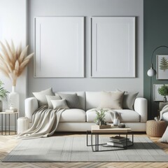 A living room with a template mockup poster empty white and with a couch and plants image art art attractive.
