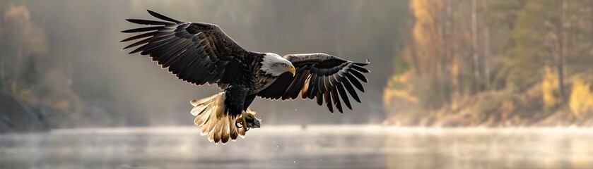 Fototapeta premium Majestic Eagle Diving for Fish in Serene Lake Landscape