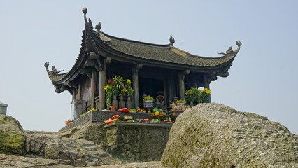 Close-up of the bronze pagoda on top of the mountain in Yen Tu, Quang Ninh