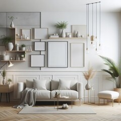 A living room with a template mockup poster empty white and with a couch and plants standardscalex art art attractive.