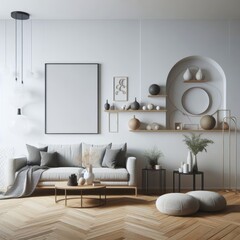 A living room with a template mockup poster empty white and with a couch and shelves art realistic attractive.