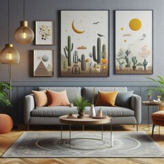 A living room with a template mockup poster empty white and with a couch and paintings on the wall image has illustrative meaning card design.