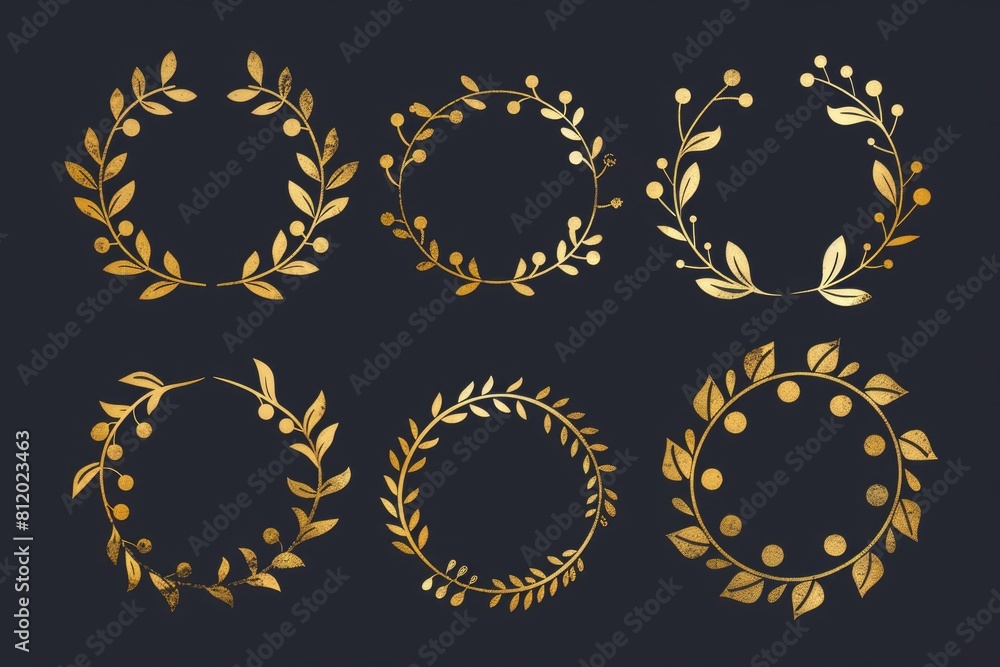 Poster four elegant golden wreaths on a sleek black backdrop. perfect for adding a touch of luxury to any d