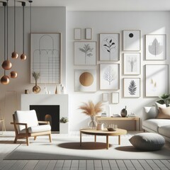A living room with a template mockup poster empty white and with a fireplace and art on the wall art realistic used for printing.