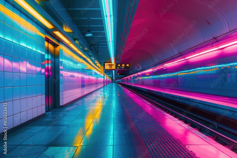 Poster urban subway station with train passing by, ideal for transportation concepts