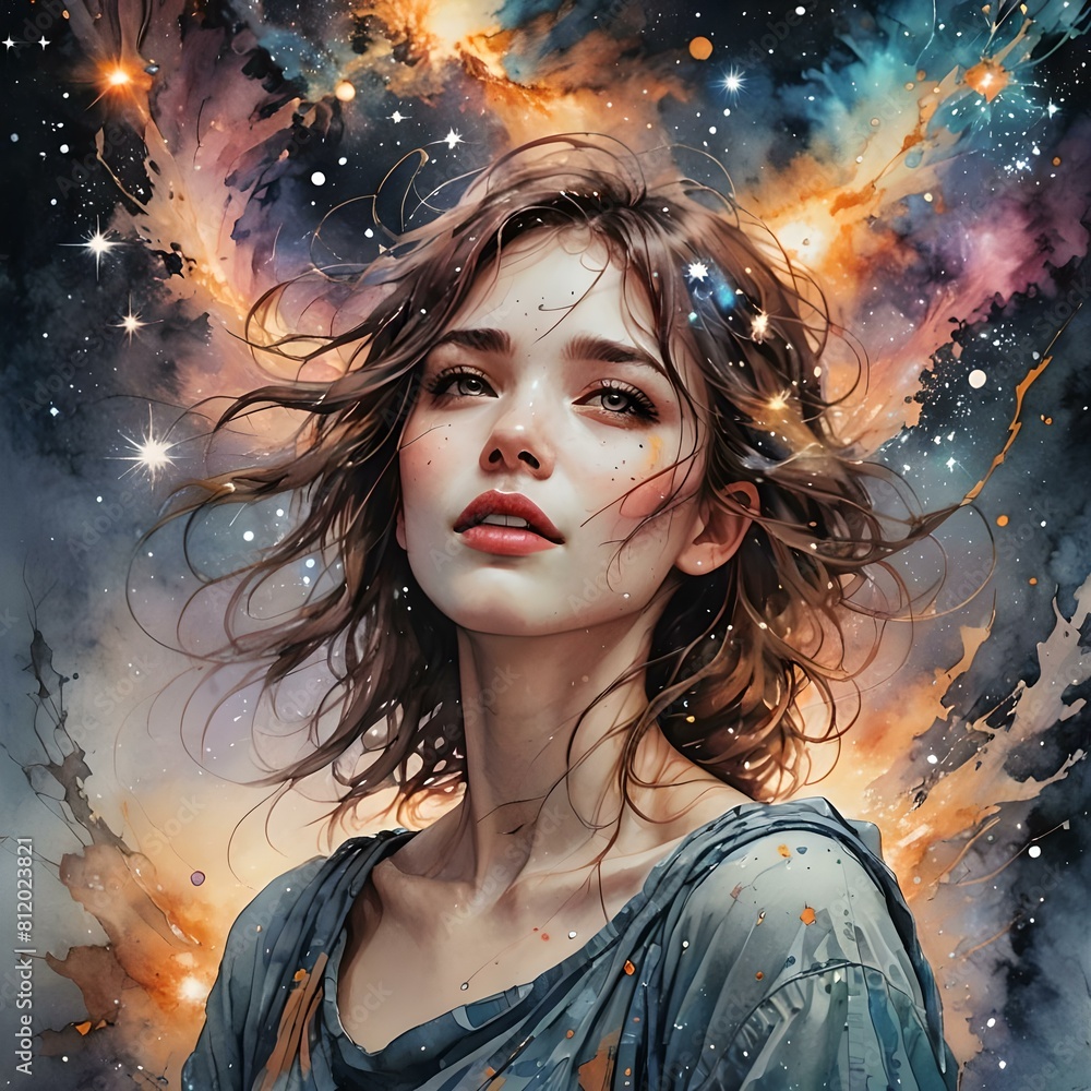 Wall mural portrait of a beautiful young woman with flying hair. fantasy background.