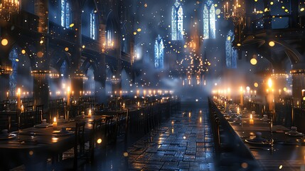 Obraz premium a magical wizard's school with starry sky, big hall full of tables and chairs, floating lights and candles, realistic, cinematic, bokeh effect