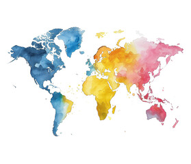 world map in watercolour painting isolated on transparent background.