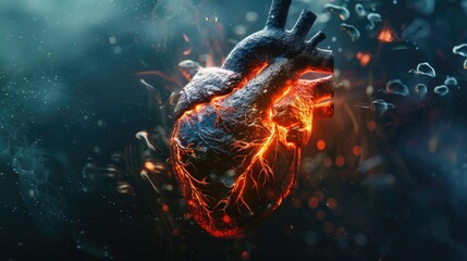 Close-up of a human heart engulfed in flames. Suitable for medical, science, and danger-related concepts